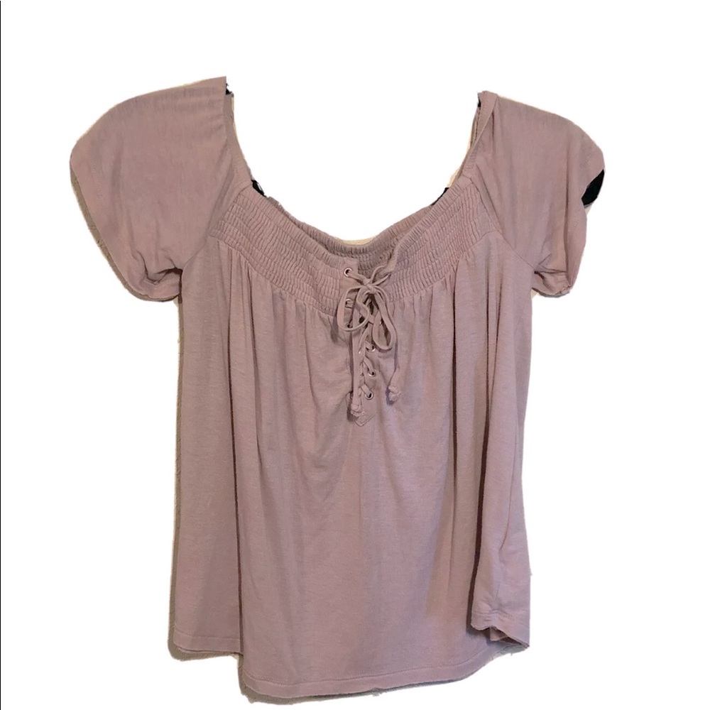 American Eagle Off The Shoulder Top women XS Blush Pink Lace Up Smocked